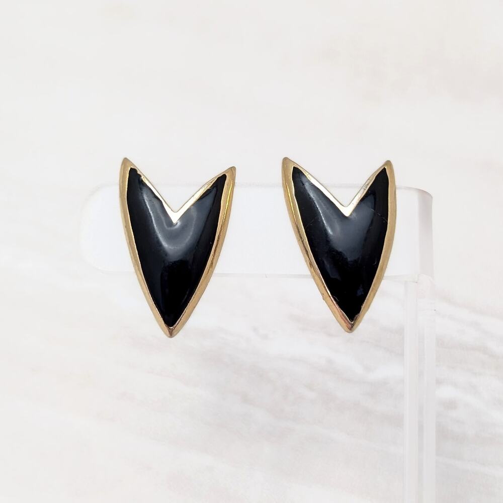 Vintage Clip On Earrings Black & Gold Stylish Retro Statement - Fair Condition